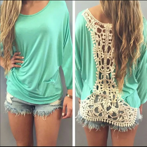 Tops - Aqua/Turquoise Crochet Back Top